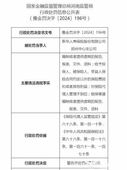 新华人寿河南分公司因“管理不到位”被罚20万，总经理黄启永如何看待代理收取保险费问题